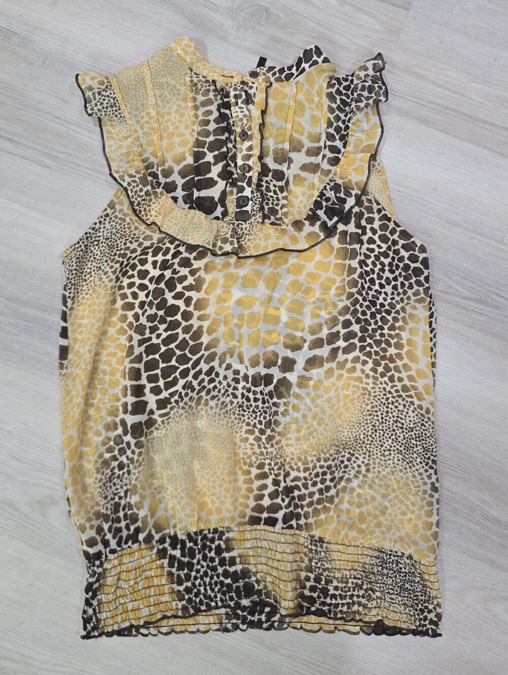 Maurices Sheer Ruffle Sleavless Blouse Size L Yellow And Brown Design